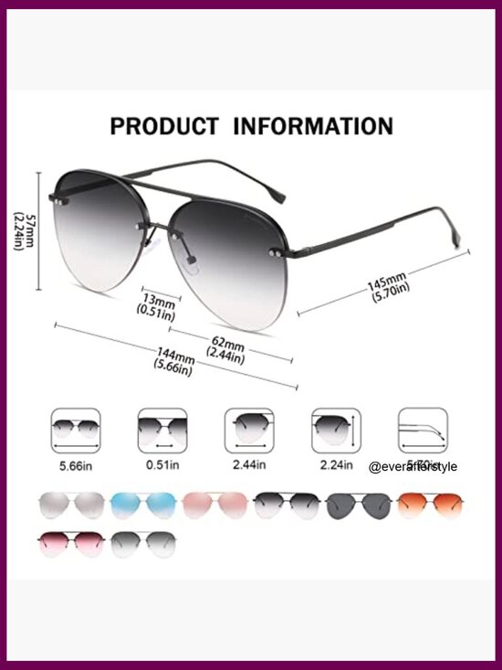 Stainless Steel Rimless Aviator Sunglasses Oversized UV400 Protection